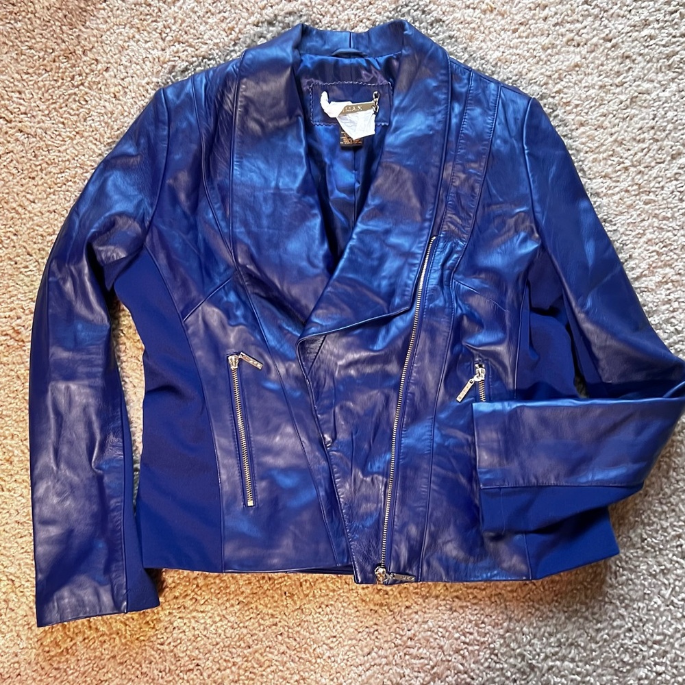 IMAN Platinum Collection Genuine Leather Moto Jacket - Blue, L, NWOT